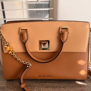 Michael Kors Tan and Brown Satchel with Gold Chain